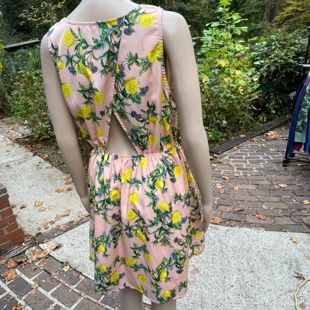Pink Owl Dress Womens Large Pink Lemon Print Fit & Flare Cutout Back Sleeveless - Picture 6 of 12